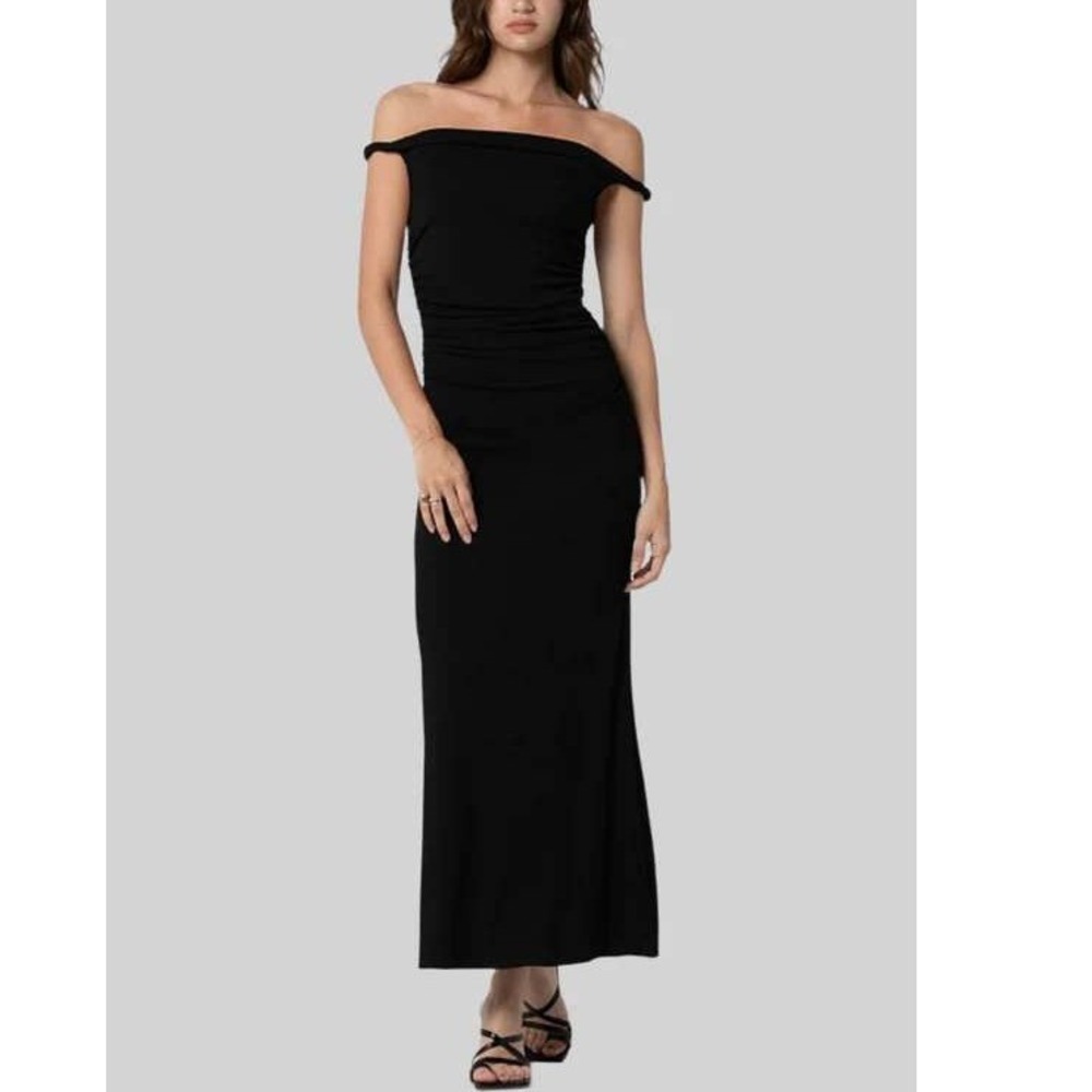 Commense Glamorous Black Off Shoulder‎ Ruched Maxi Dress Elegant Size XS